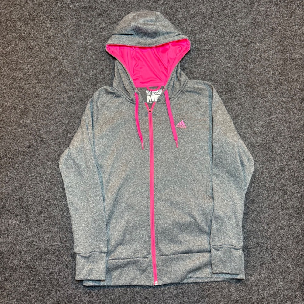 Adidas Ultimate Hoodie Gray Pink Full Zip Sweatshirt Womens Medium Thumbholes
